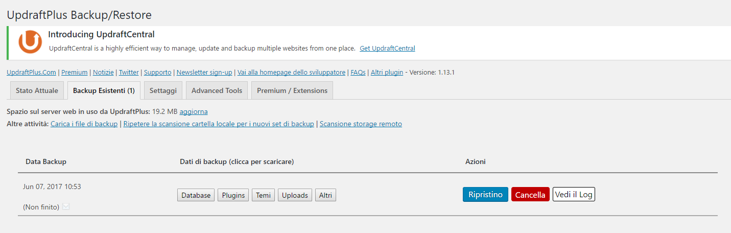 schermata backup correttamente avvenuto