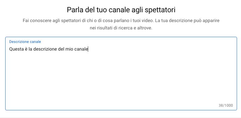 inserisci la descrizione del tuo canale YouTube