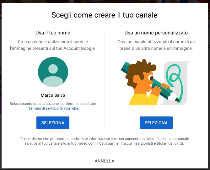 Procedura guidata per aprire un canale YouTube